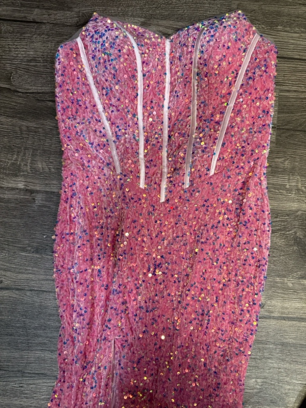 Strapless Pink Sequin Evening Gown with Front Slit - Picture 5 of 8